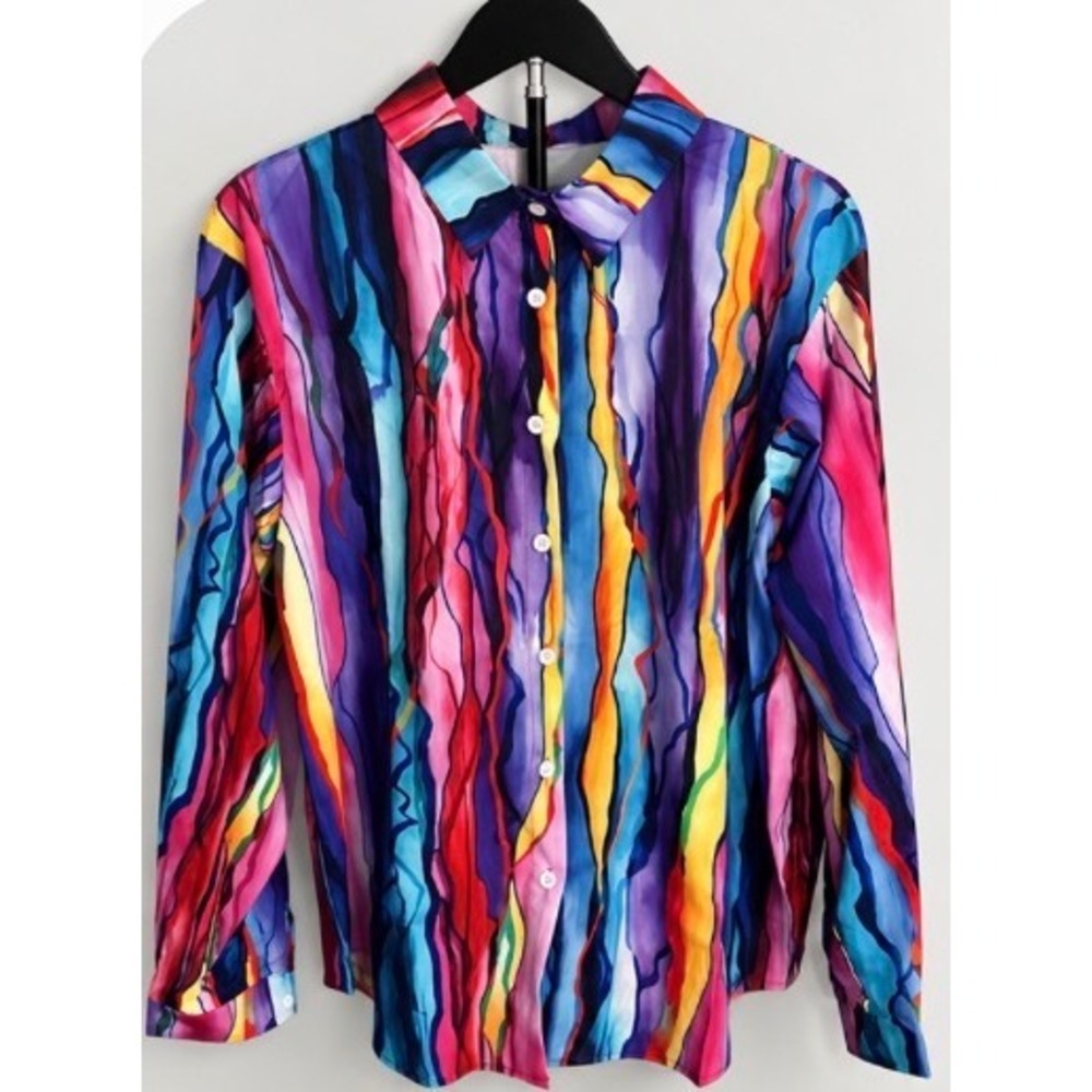 Womens XL Abstract Multicolor Wave Print Button Down Long Sleeve Shirt Top